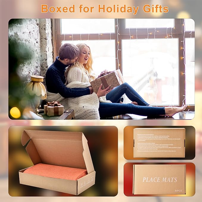 Thanksgiving Orange Cloth Placemats Set of 4 - Easy to Clean Linen Style Fabric Table Placemats -Machine Washable & Heat Resistant Non-Slip Table Mats for Holiday Dining (4, Orange)