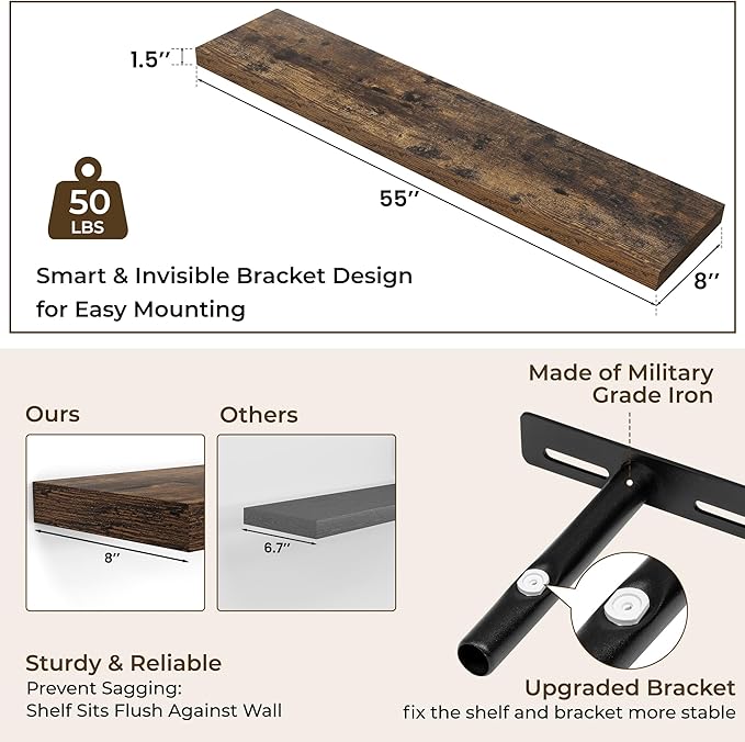 RICHFOCUS 55Inch Floating Shelves for Wall 1 Pack Shelves for Bedroom|Kitchen|Bathroom Wall Mounted Rustic Wood Floating Shelf with Invisible Brackets for Books|Storage|Decor, Rustic Brown