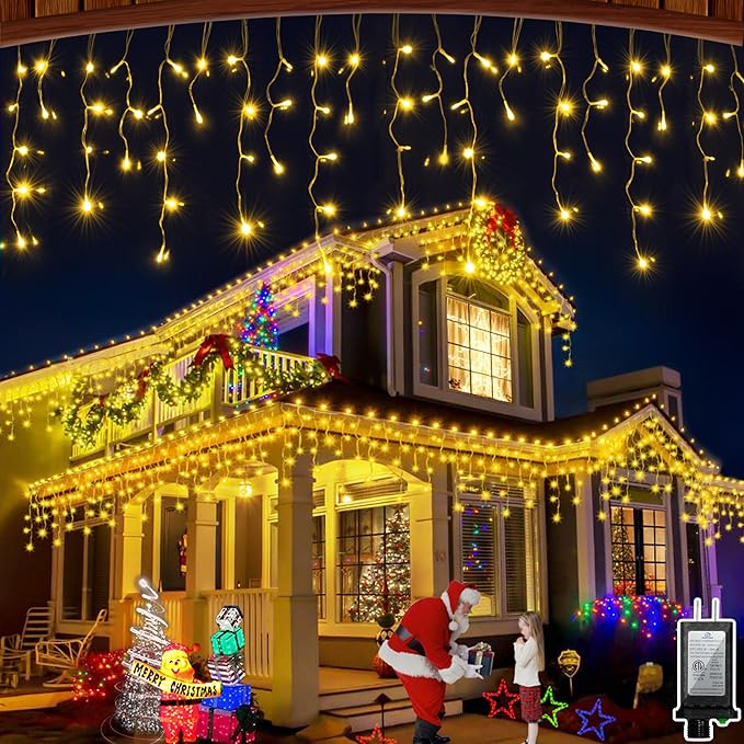 66FT 666 LED Outdoor Christmas Lights - 148 Ice Drops, 12 Pro Modes with Timer Memory & Brightness, Waterproof Hanging Ice String Light for Holiday Wedding Garden Fence House Decor (Warm White)