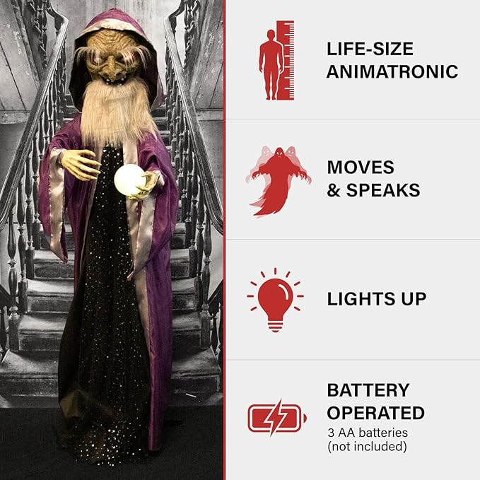 Haunted Hill Farm Talking Wizard Halloween Animatronic with Movement and Light-Up Crystal Ball for Scary Indoor or Covered Outdoor Halloween Decorations, Battery Operated Halloween Prop