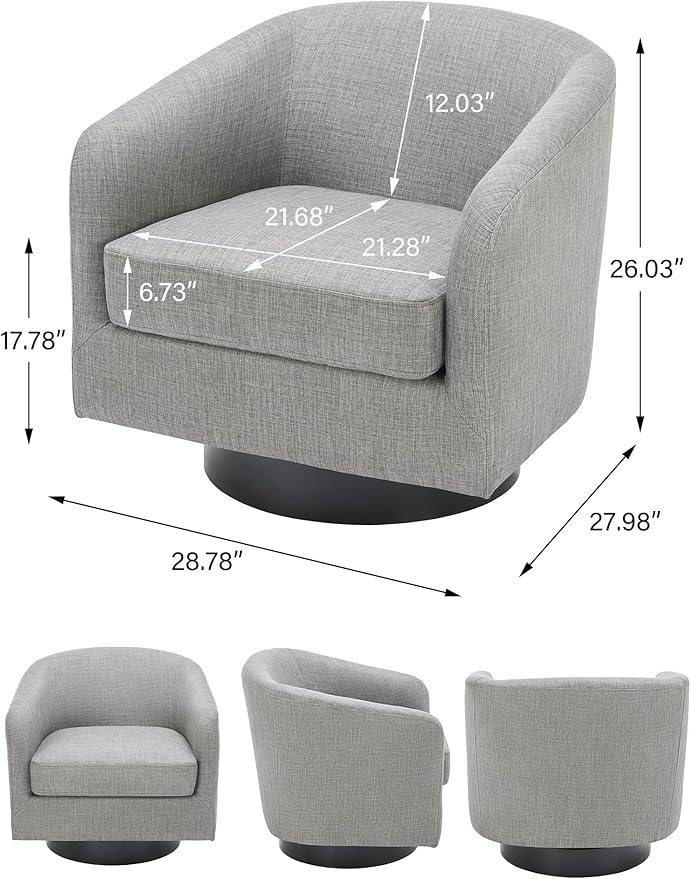 Swivel Barrel Accent Chair Set of 2, Modern Round Linen Arm Chair for Living Room, Bedroom, Comfy Club Reading Chairs for Adults-Linen Fabric Light Grey