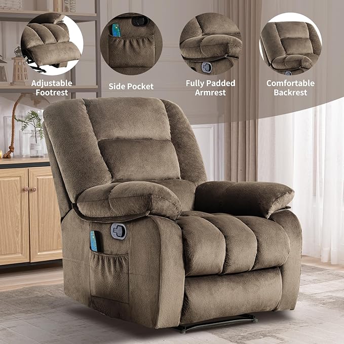 Massage Recliner Chair with Heat and Massage, Soft Fabric Ergonomic Manual Reclining Chairs, Heavy Duty Reclining Sofa Chair with Side Pockets for Living Room (Taupe)