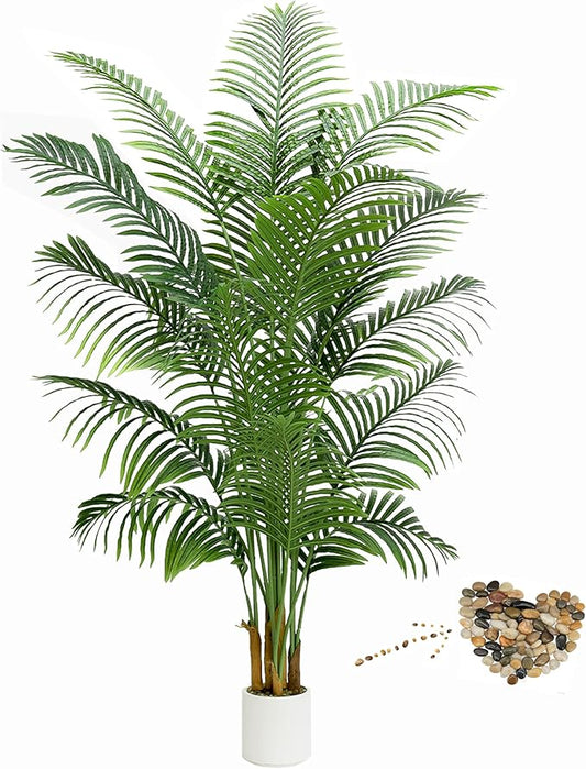 Artificial Palm Tree 7FT - Fake Tree with White Planter - Faux Tropical Areca Floor Plant in Pot - Artificial Silk Plant for Home Office Living Room Decor Indoor Outdoor Artificial Trees
