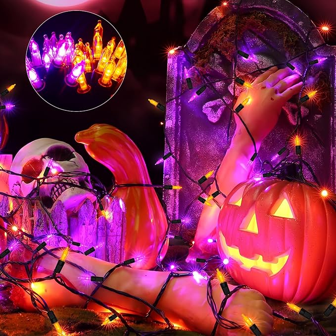 Halloween Lights, 2 Pack 100 LED Orange & Purple Battery Operated Mini String Light, 32 Ft Total Waterproof Halloween Lights 8 Modes for Indoor Outdoor Patio Garden Holiday Party Decorations