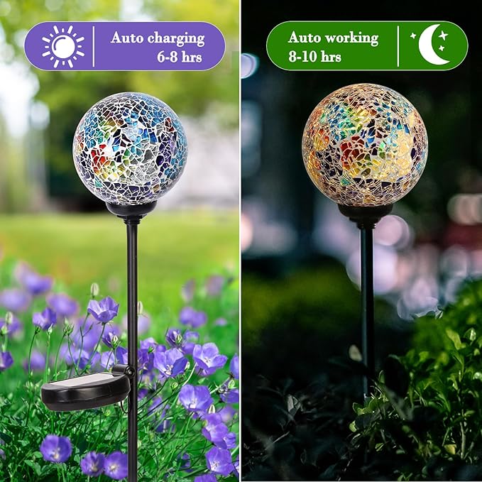 Solar Garden Lights Outdoor Decorative - Solar Gazing Ball Mosaic Garden Stakes Decorative Waterproof Outdoor Lights for Pathway Yard Lawn Decoration Multi