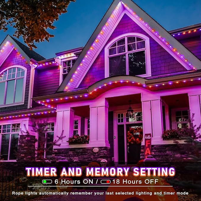 Purple Orange Halloween Lights, 66FT 200 LED Rope Lights for Outside Waterproof with 8 Modes, Connectable Tube String Lights for Indoor, Garden, Backyard, Patio, Deck, Pool, Tree Decorations