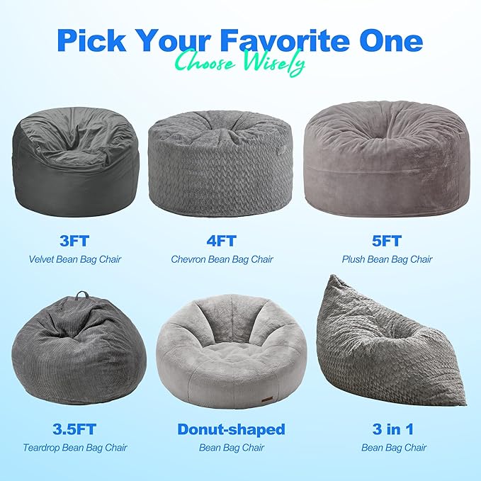 Hobestluk 3 in 1 Bean Bag Chair Giant Bean Bag Chairs for Adults with Chevron Plush Fur Cover Convertible Bean Bag Floor Cushion with Machine Washable Cover for Living Room (Chevron Plush Grey)