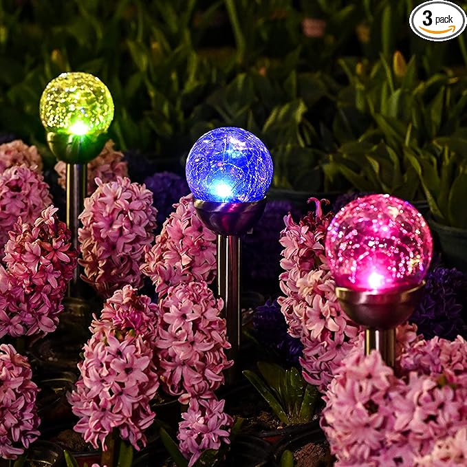 GIGALUMI Solar Outdoor, Cracked Glass Ball Solar Garden Lights, Color Changing Lights Outdoor,Garden LED for Path, Patio, Yard, 3 Pack Pathway