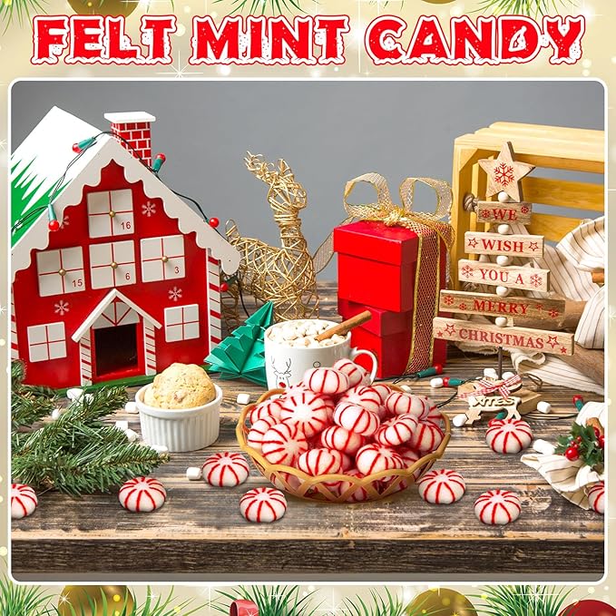 36 Pcs Felt Peppermint Decoration Christmas Wool Peppermints Christmas Arts Crafts Supplies, DIY Garland for Tree Home Vase Filler Decoration(Red)