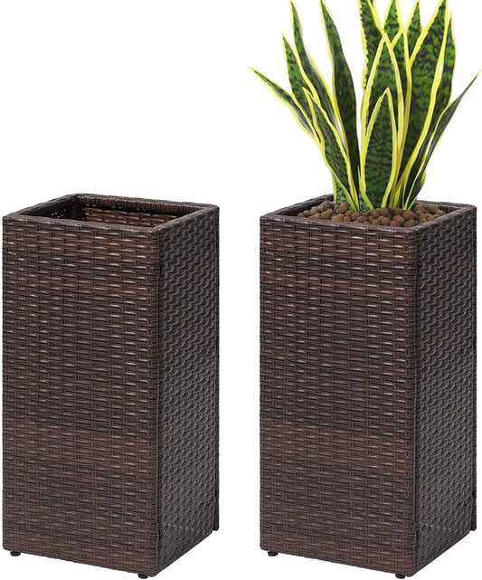 SUNNYPARK 2 Pack Tall Planters for Outdoor Plants Rattan Modern Tall Square Planter Box with Removable Liners Indoor Outdoor Porch Patio Flower Pot (12’’ x 12’’ x 24’’)