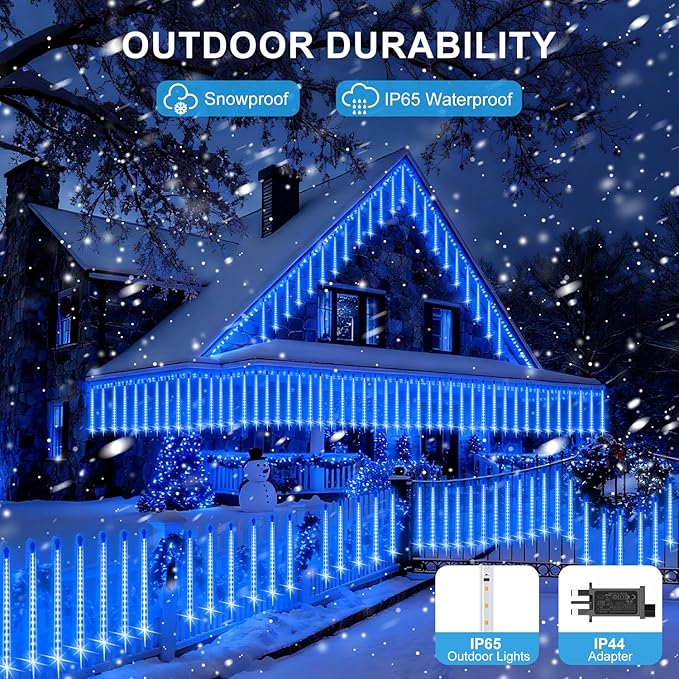 PEMOTech Christmas Lights Outdoor,16 Tubes 40cm 576 LED Meteor Shower Lights, Waterproof Christmas Decorations Icicle Lights for Xmas Tree Halloween Party, Outdoor Christmas Decorations,UL Plug,Blue