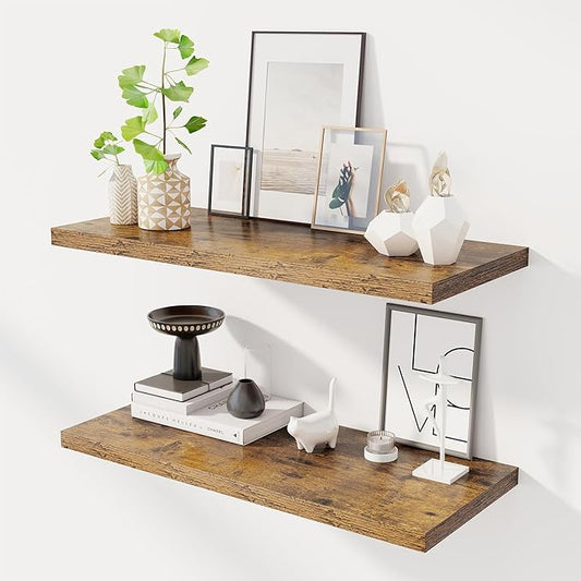32" Floating Shelves for Wall, 12" Deep Slim Rustic Brown Floating Shelves, Wall-Mounted Shelves for Bedroom, Living Room, Kitchen, Bathroom - Set of 2