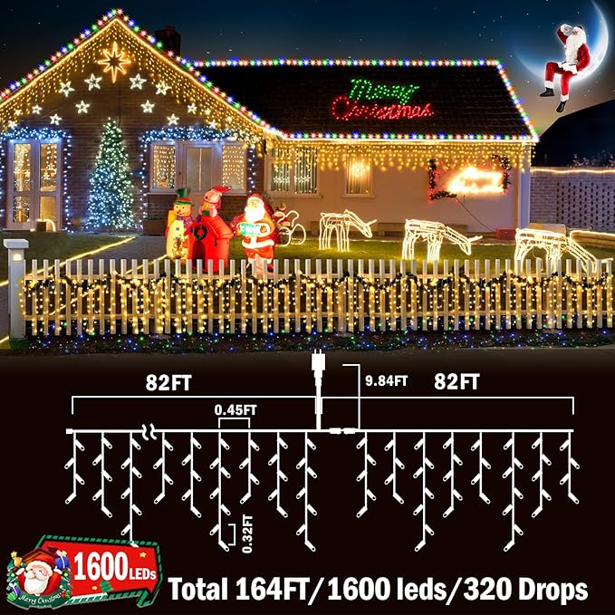 KNONEW 164FT 1600 LED Christmas Lights Outdoor Decoration with 320 Drops Timer 8 Modes Hanging Lights Plug in Waterproof Indoor Decor for Holiday Wedding Party Window (Warm White)