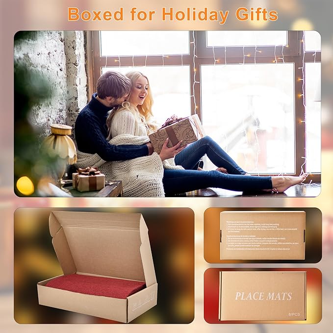 Red Christmas Placemats Set of 4 - Festive Easy to Clean Linen-Style Fabric Table Mats - Machine Washable & Heat Resistant Non-Slip Design for Thanksgiving and Holiday Dining (4, Wine Red)