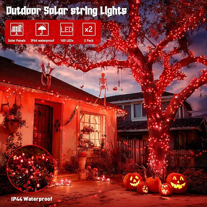 JMEXSUSS Total 200 LED Red Lights Halloween Outdoor, 2 Pack Solar Halloween Lights Outdoor Waterproof, 8 Modes Red Solar Light for Outside Christmas Tree Yard Garden Decor
