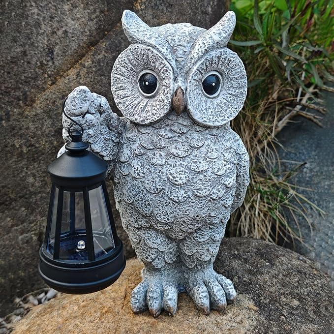 Garden Statues, owl Outdoor Figurines Decorated with Solar Lights, Unique Christmas Birthday Gifts for Moms, Grandmas, Women, Wives, Sisters (Grey Owl1)