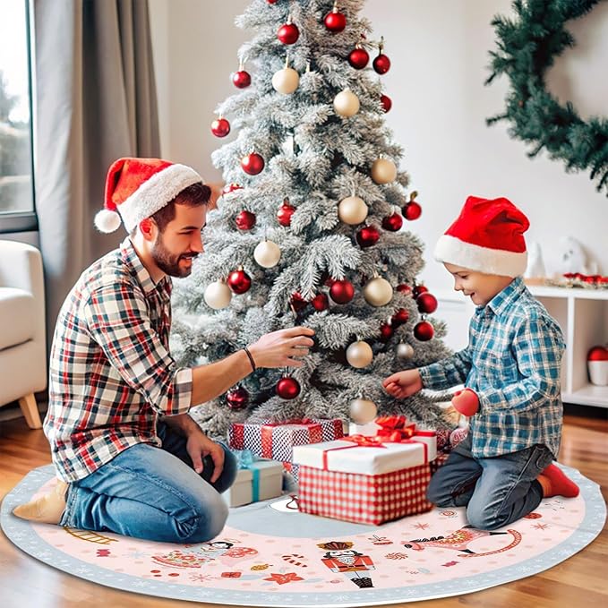 36" Large Christmas Tree Skirt, Nutcracker Candy Pattern Tree Mat Base Cover for Xmas Festive Holiday Party Decoration Ornaments