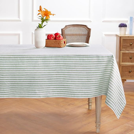 Solino Home Linen Striped Tablecloth 60 x 90 Inch - 100% Pure Linen Green and White Table Cloth for Rectangle Tables - Amalfi Stripe, Machine Washable Tablecloth for Fall, Autumn