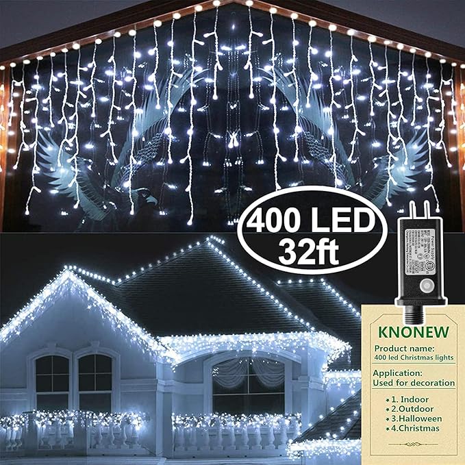 KNONEW Christmas Lights Outdoor Decorations 400 LED 33ft 8 Modes Curtain Fairy String Light with 75 Drops, Clear Wire LED String Light Decor for Wedding Party Holiday Christmas Decorations Cool White