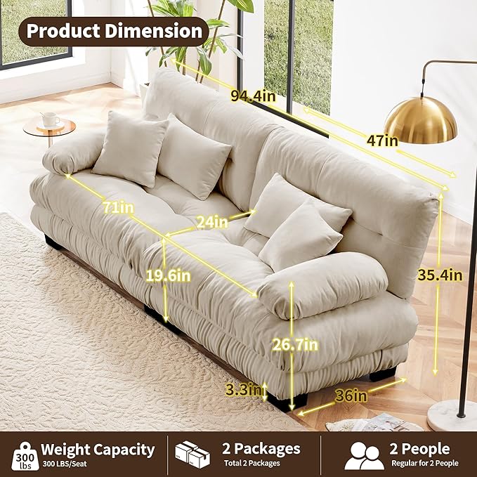 Modular Sectional Sofa, 2 Seater Cloud Couch Small Couches for Small Spaces, Modern Deep Seat Couch, Home Sofa Living Room Oversized Loveseat with Bolster Armrests 4 Pillows