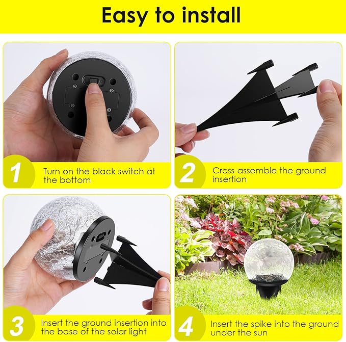 Solar Garden Lights, 4 Pack 120 LED Warm White Cracked Glass Outdoor Decorative, Upgraded Waterproof Ball for Yard Pathway Patio Lawn Christmas Outside Decor, 3.94"