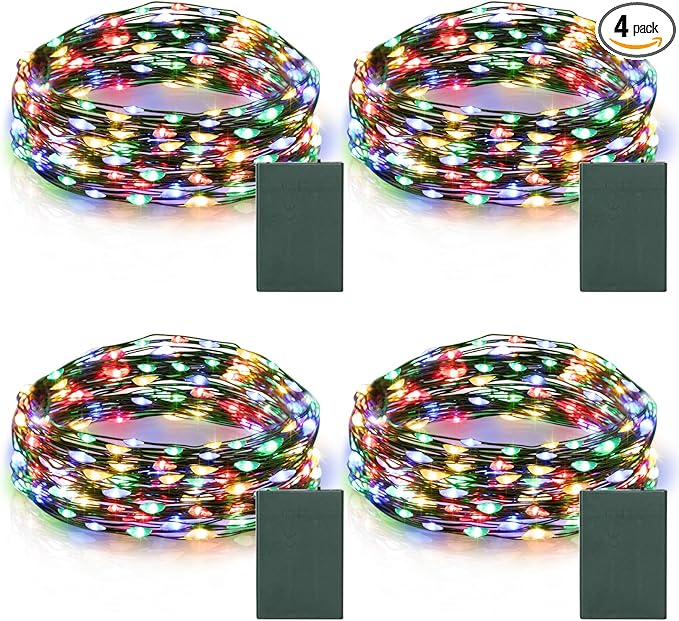 4 Pack Christmas Fairy Lights Battery Operated, 16.4FT 50 LED Dark Green Wire Twinkle Lights with Auto Timer Waterproof, Outdoor String Light for Indoor Outdoor Bedroom Yard Decor (Multicolor)