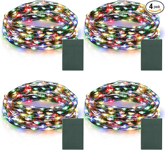 4 Pack Christmas Fairy Lights Battery Operated, 16.4FT 50 LED Dark Green Wire Twinkle Lights with Auto Timer Waterproof, Outdoor String Light for Indoor Outdoor Bedroom Yard Decor (Multicolor)