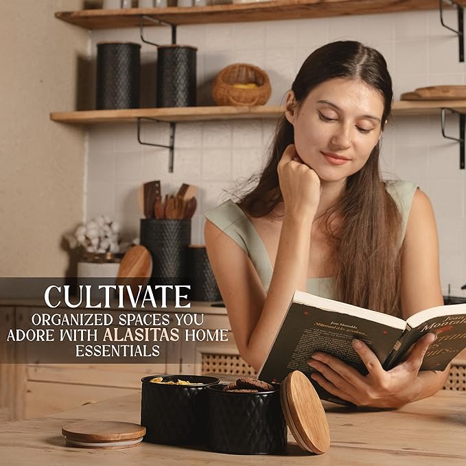 6 Canister Set for the Kitchen Countertop – Metal Food Storage Canisters with Airtight Lids for Flour, Tea, Crafts, Coffee, & Sugar – Container Set with Modern Wood Lids, Black