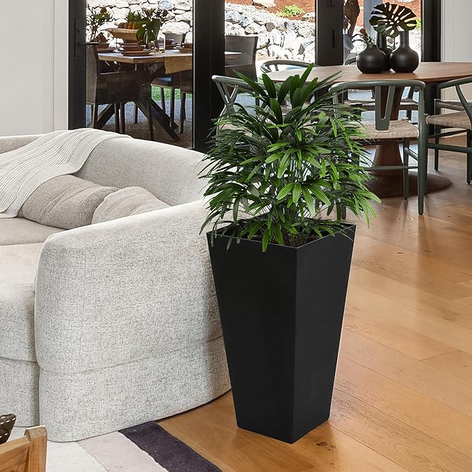 Worth Garden 2-Pack Black Matte Texture Square Tapered Planter - 25.5" H. Tall Plastic Plant Pots with Drain Hole for Indoor Outdoor - Modern Decorative Flower Pots for Front Porch, Patio, Deck