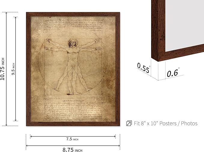 Poster Master Classic Leonardo Da Vinci Poster - Vintage Renaissance Print - Gift for Artist, Friend - Vitruvian Man, Proportion, Symmetry, Human Body - Wall Decor for Office, 8x10 Brown Framed