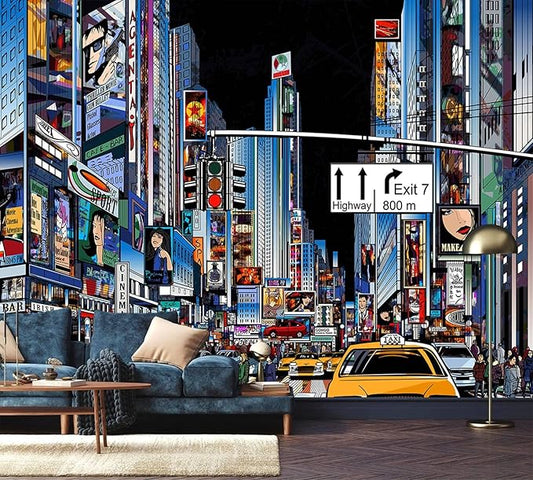 AFZEVEB-Hand-Painted New York City Wallpaper Wall murals for Bathroom 136"x96" (Not Peel and Stick)