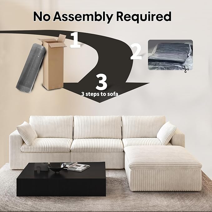 118" L Shaped Modern Sofa Modular Sectional Cloud Couch with Ottoman,Deep Seat Upholstered Couches with Plush Corduroy Fabric for Living Room Furniture,Bedroom and Apartment,No Assembly Required,White