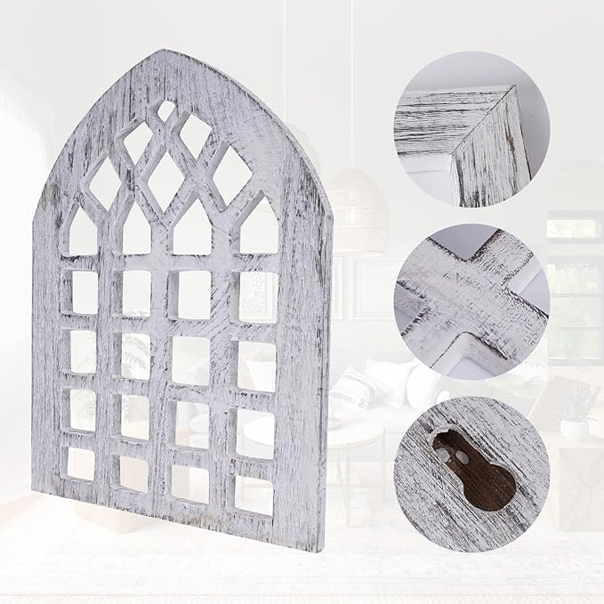 Rustic Wood Window Frame with Green Wreath and Arrows Wall Decor，Farmhouse Window Frame Hanging Decor, Wooden Fake Decoration,Window Pane Wall Decor,Set of 2 (windows white)