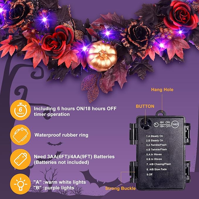 SHareconn 2 Pcs 6FT Halloween Garland with Purple Lights Battery Operated and Timer, Pre-Lit Black Red Maple Leaves Lighted Garland Decorations for Fireplace Mantle Centerpiece Indoor Outdoor Decor