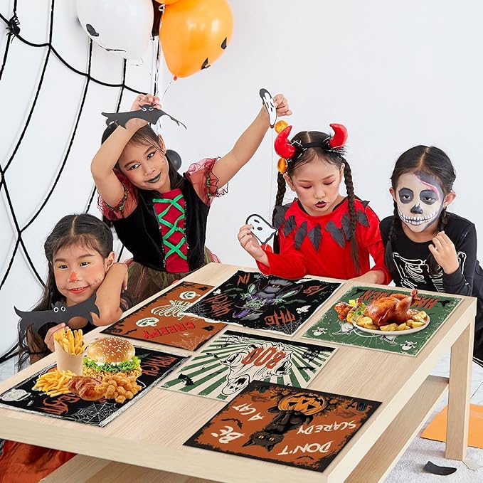 Halloween Placemats Set of 6 Vintage Plastic Table Mats Black Cat Place Mats Washable Ghost Witch Bat Rectangle Skull Table Decoration for Indoor Outdoor Party Kitchen Dining