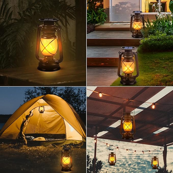 Solar Lantern Outdoor Hanging Solar Lights Dancing Flame Led Waterproof Camping Lamps, Landscape Decor for Table Patio Garden Yard Pathway Porch 2 Pack