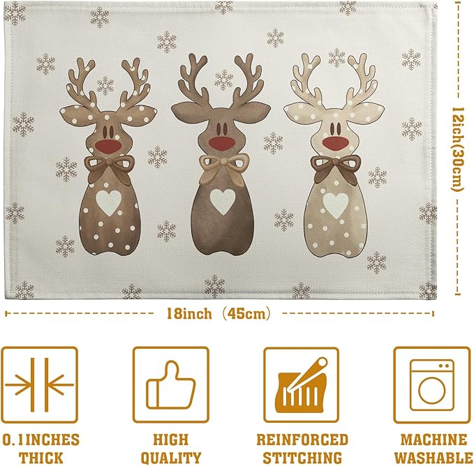 Christmas Reindeer Snowflakes Placemats Set of 4 Xmas Cute Elk Deer Place Mats 12x18 Seasonal Winter Holiday Farmhouse Linen Table Mats for Party Kitchen Dining Outdoor Indoor Decor