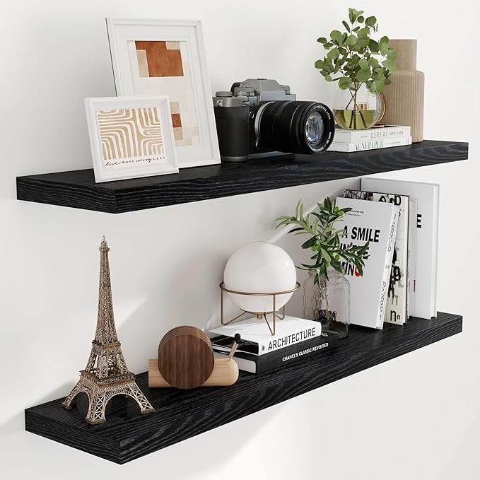 Fun Memories Floating Shelves 48 Inch Set of 2, Black 48 x 9 Wall Shelves for Home Decor Storage, Rustic Wood Floating Shelf for Wall, 9 Inch Deep Shelving for Bathroom, Living Room, Kitchen