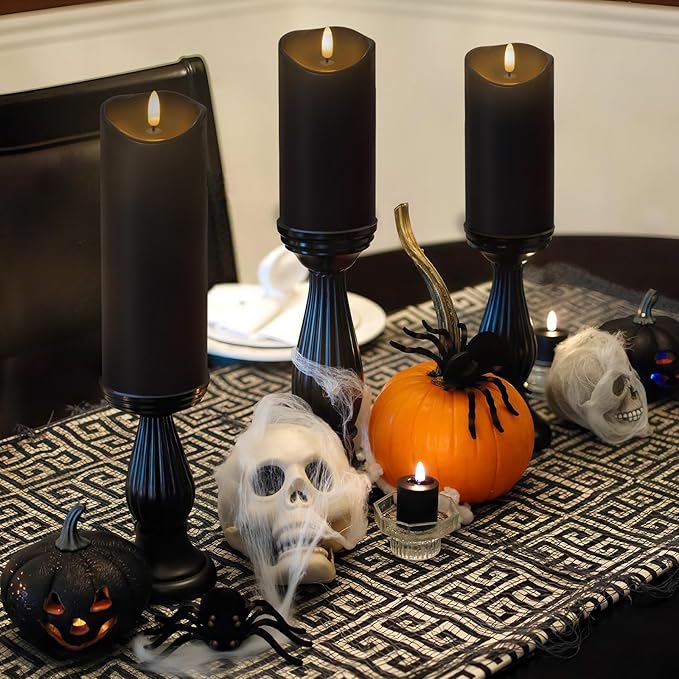 NURADA Outdoor Flameless Candles with Remote Timer - Waterproof Realistic Flickering LED Pillar Electric Battery Operated Fake Candle for Home Halloween Holiday Party Decor - 2 Pack Black(D3”H6”6”)