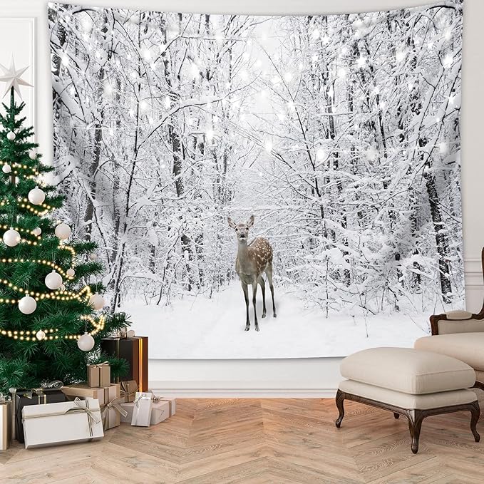 QGHOT Winter Tapestry Wall Hanging Snow Scene Backdrop Winter Wonderland Wall Decor Snowy Forest Wall Art Nature Woodland Deer Tapestry for Bedroom Room Dorm Party Decoration, Extra Large