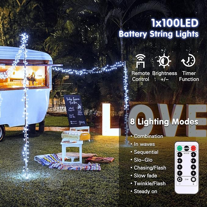 JMEXSUSS White Battery Operated String Lights Outdoor Waterproof, 33ft 100 LED Battery Power Christmas Lights Indoor, 8 Modes Twinkle Fairy Mini Light with Remote for Wedding Bedroom Tree
