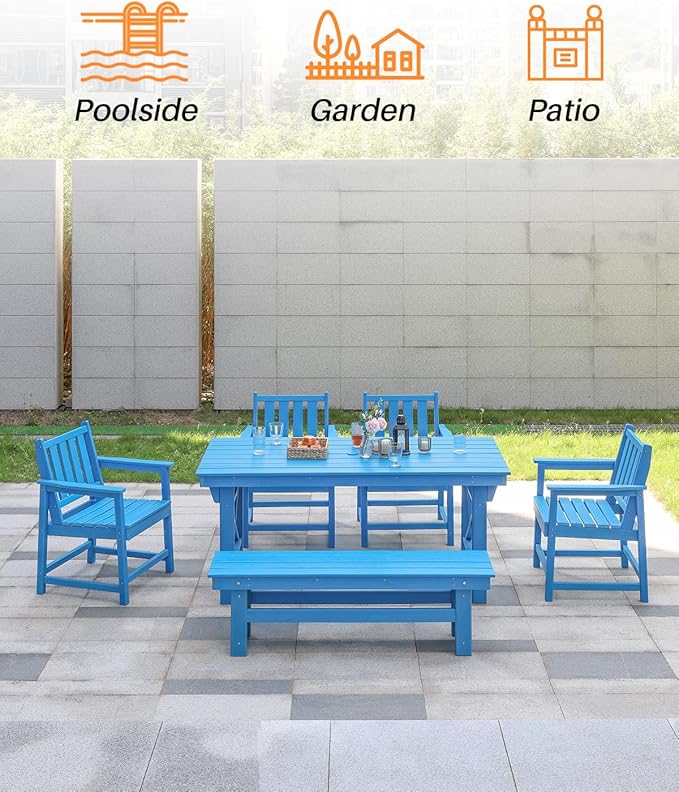 HDPE Outdoor Bench, 55" Patio Bench Outdoor Furniture, Poly Lumber Adirondack Benches, All Weather HDPE Patio Garden Backless Benches for Park, Poolside, Deck, Porch, Sky Blue