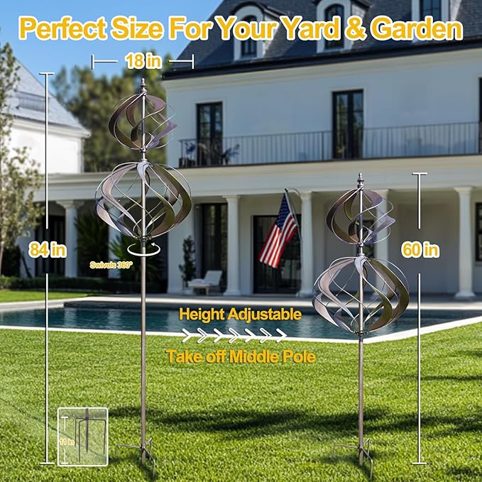 LimeHill Wind Spinner for Yard and Garden - Large Metal Windspinners for Outdoor Decorations (Silver Spherality)