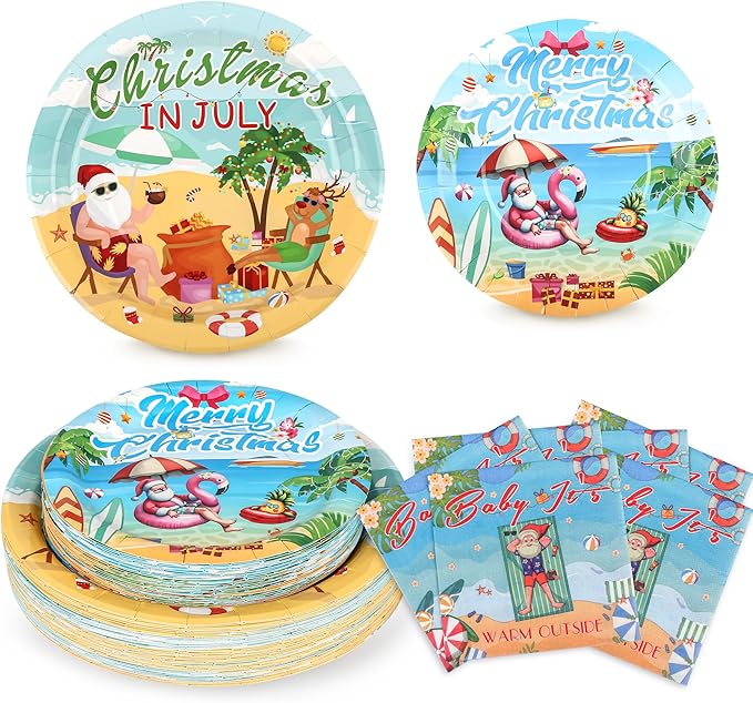 150Pcs Christmas in July Party Decorations Plates Napkins Summer Tropical Hawaiian Christmas Santa Beach Paper Plates for Christmas in July Beach Pool Party Supplies,Serves 50