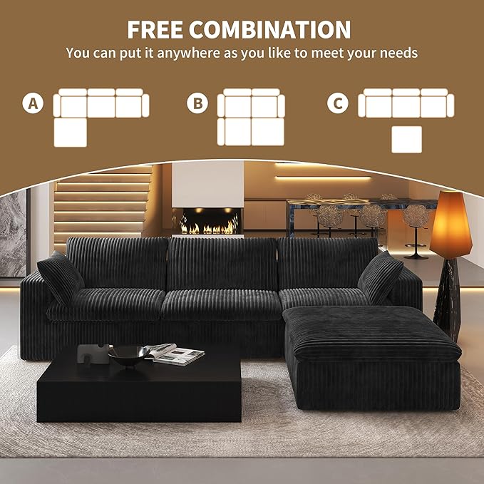 118" L Shaped Modern Sofa Modular Sectional Cloud Couch with Ottoman,Deep Seat Upholstered Couches with Plush Corduroy Fabric for Living Room Furniture,Bedroom and Apartment,No Assembly Required,Black