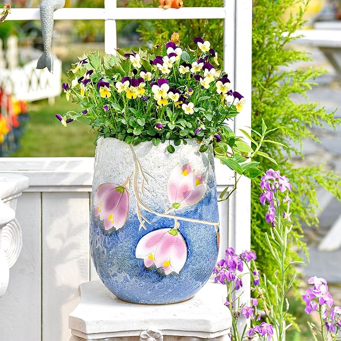 Sungmor 10.6 Inch Ceramic Succulent Plant Pot with Drainage Hole, Hand Painted Flower Pots for Plants, Unique Texture Decorative Planter for Indoor and Outdoor, Pottery Vase for Home Office Decor