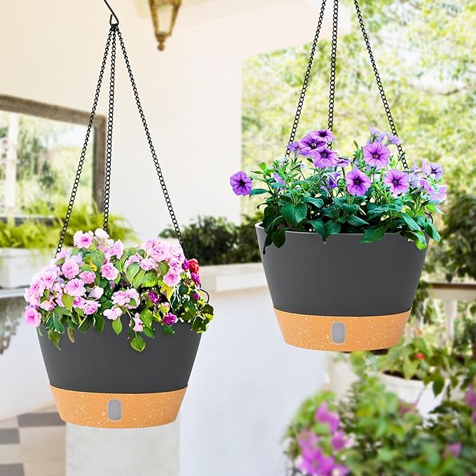 QCQHDU 2 Pack Hanging Planters for Indoor Outdoor Plants, 8 Inch Hanging Baskets Flower Pots with Reservoir Tray & Visible Water-Level