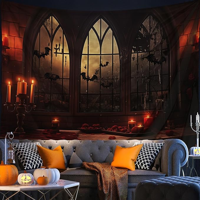 QGHOT Halloween Tapestry Wall Hanging Horror Castle Window Tapestry Gothic Spooky Backdrop Vampire Medieval Tapestries for Bedroom Living Room Dorm Wall Art Decor (104"x78.7")