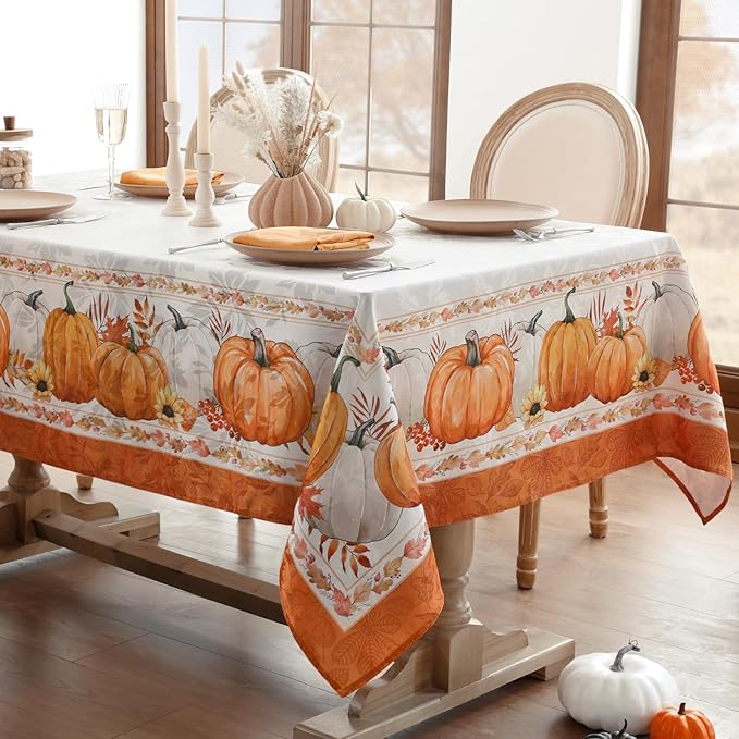 Softalker Fall Jacquard Square Tablecloth, Thanksgiving Pumpkins Waterproof Table Cloth, Autumn Harvest Washable Table Cover for Holiday, Dining, Party Decor, 54 x 54 Inch