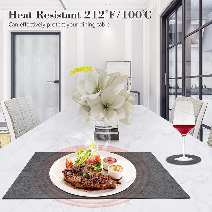 Faux Leather Placemats Set of 6,Heat Resistant Placemats for Dining Table, Easy Clean Non-Slip Place Mats, Waterproof Stain Resistant Wipeable Washable PU Table Mats, (Dark Grey)